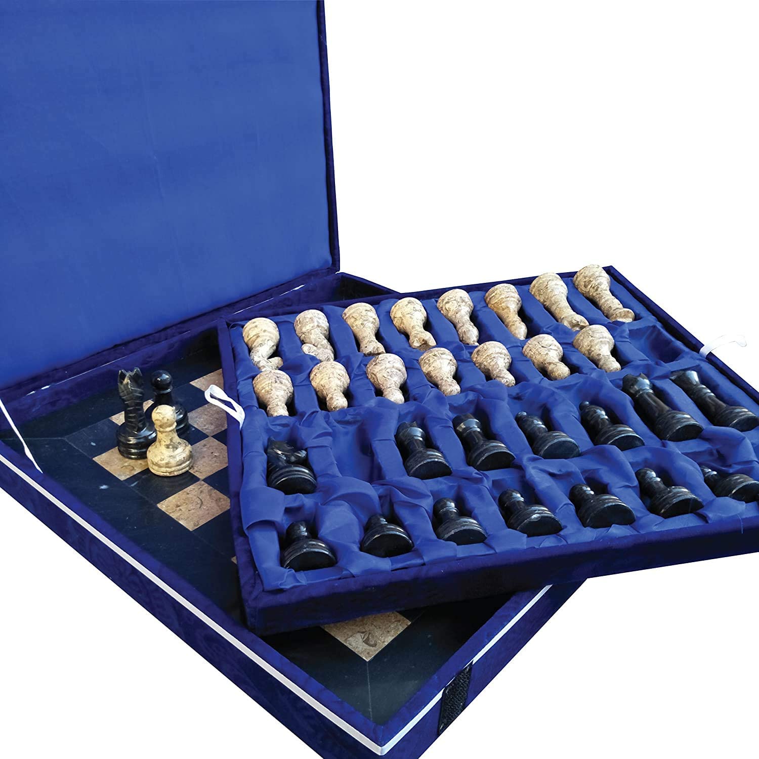 Handmade Classic Onyx Marble Chess Board Game Set - 15in with Blue Box Black and Coral (Damage Box) - Intense oud