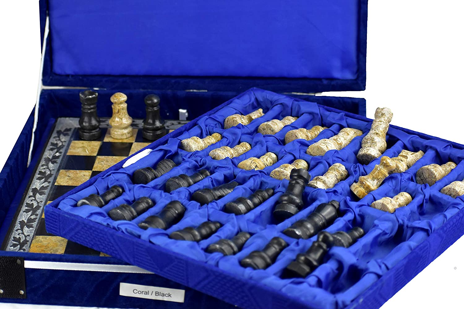 Handmade Classic Onyx Marble Chess Board Game Set- 12in with Blue Box - Golden Black - Intense oud