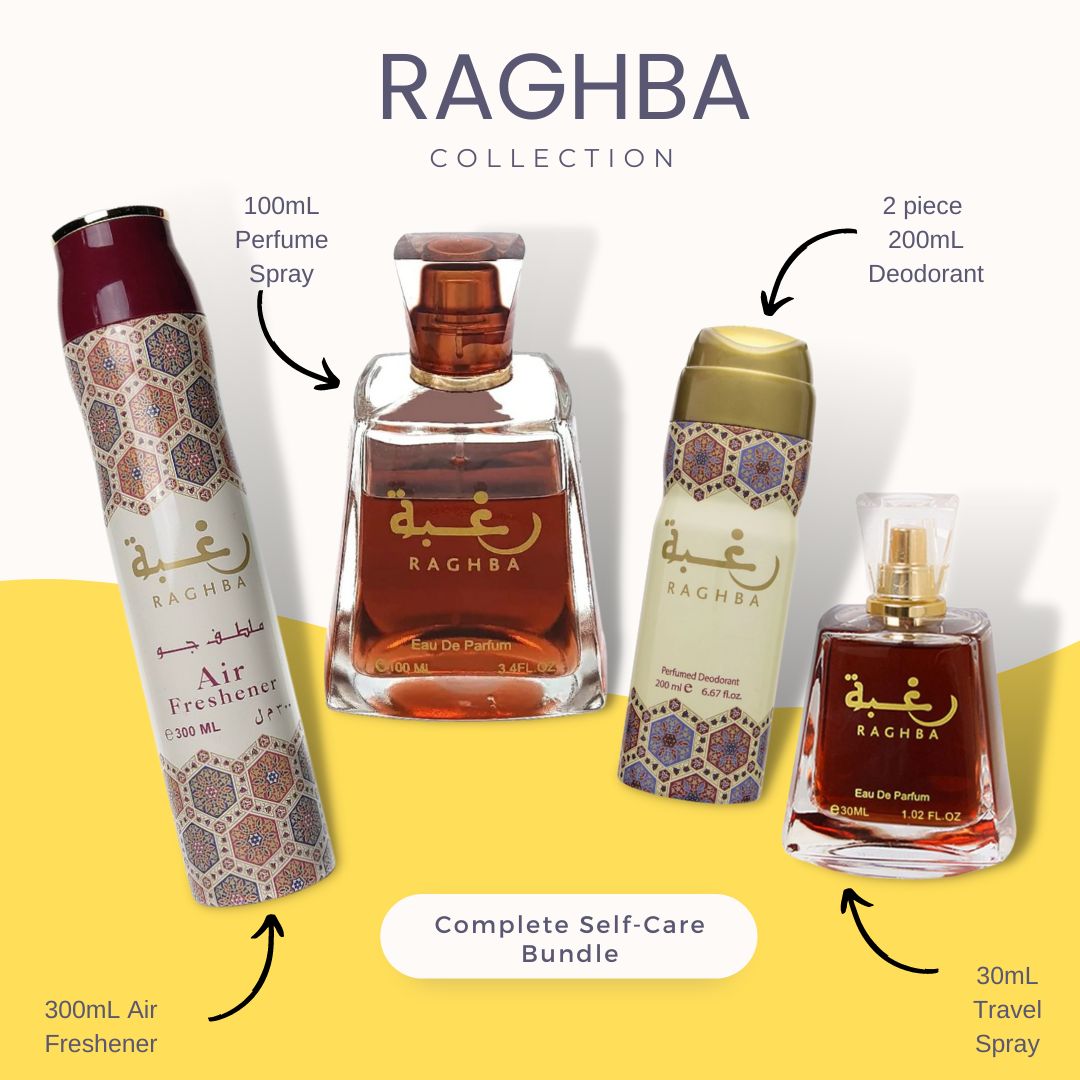 Raghba Women Collection by Lattafa - Includes: 1 Full Size Spray, 1 Travel Spray, 2 Deodorants, 1 Air Freshener - Intense Oud