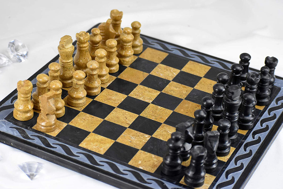 Handmade Classic Onyx Marble Chess Board Game Set- 12in with Blue Box - Golden Black - Intense oud