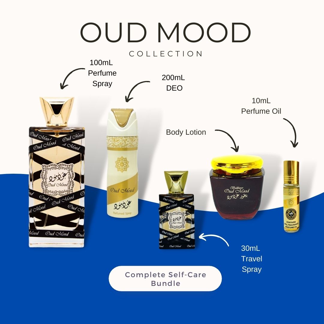 Oud Mood Collection by Lattafa - Includes: 1 Full Size Spray, 1 Travel Spray, 1 Deodorant, 1 Perfume Oil, 1 Lotion - Intense Oud