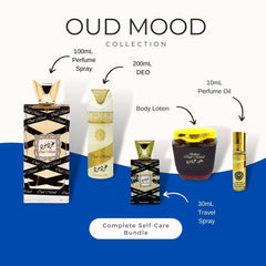 Oud Mood Collection by Lattafa - Includes: 1 Full Size Spray, 1 Travel Spray, 1 Deodorant, 1 Perfume Oil, 1 Lotion - Intense Oud