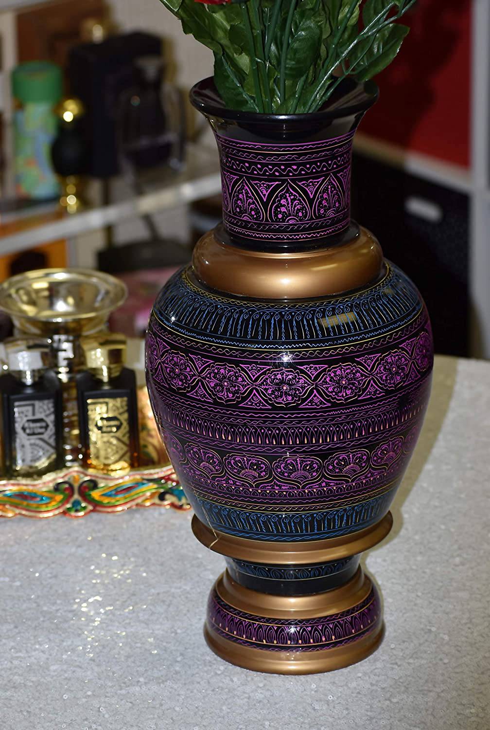 Handmade Modern Colorful Engraved Lacquer Art Decorative Vase,  16' Purple - Intense oud