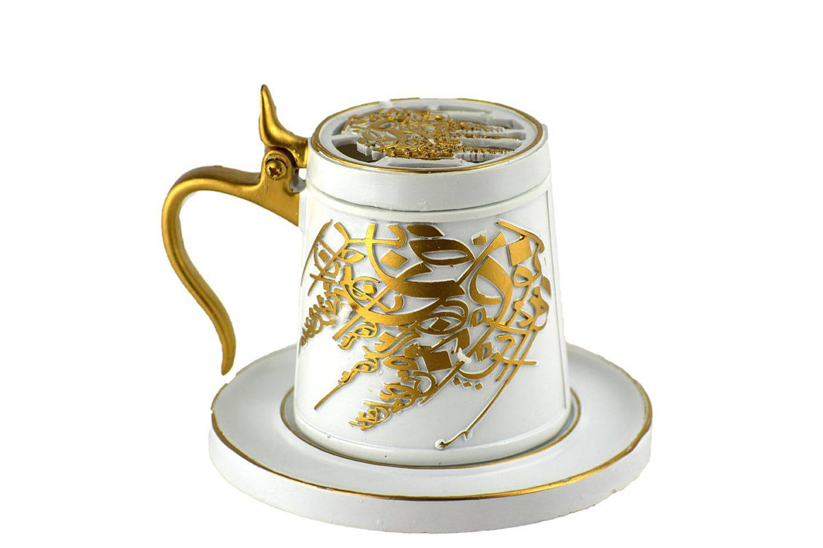 Tea Cup Style Closed Incense Bakhoor Burner - White - Intense oud